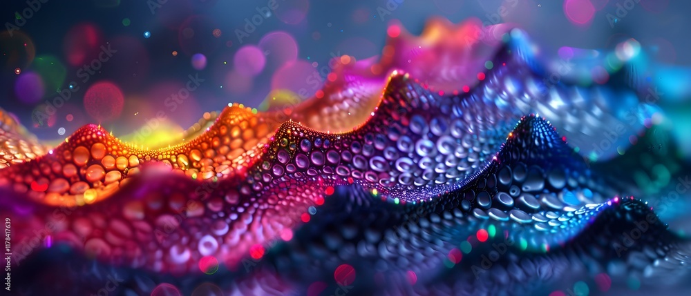 Poster colorful water droplets on a curved surface with glowing lights creating an abstract background