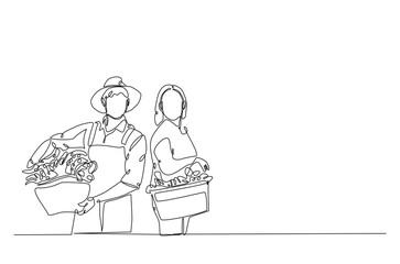 Farmer holding box with full of vegetables continuous one line drawing. Single line art of farmerming and harvesting illustration. Editable vector.