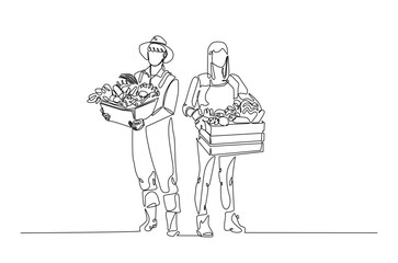 Farmer holding box with full of vegetables continuous one line drawing. Single line art of farmerming and harvesting illustration. Editable vector.