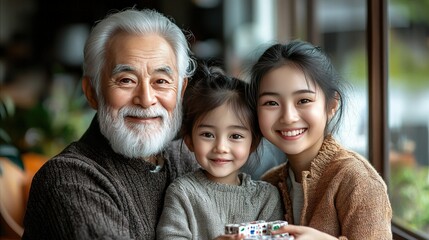Three people smile holding a gift indoors, with blurred greenery outside.