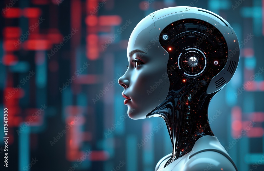 Aufkleber futuristic female robot profile. ai tech concept illustration. girl robot head, upper body. advanced