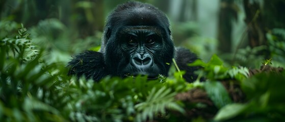 Fototapeta premium Majestic Gorilla Peering Through Lush Greenery in Dense Tropical Forest Environment