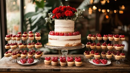 Tiered cake with mini cheesecakes on display at celebration event.