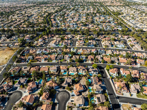 Aerial View of Residential Neighborhood with Swimming Pools