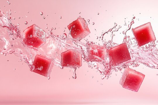 Refreshing Juice Splash with Flying Cubes on Pink Backdrop
