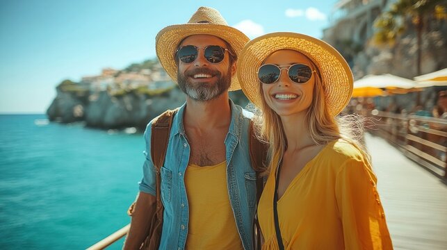 A cheerful couple poses by the seaside, enjoying a sunny day in stylish hats and sunglasses.