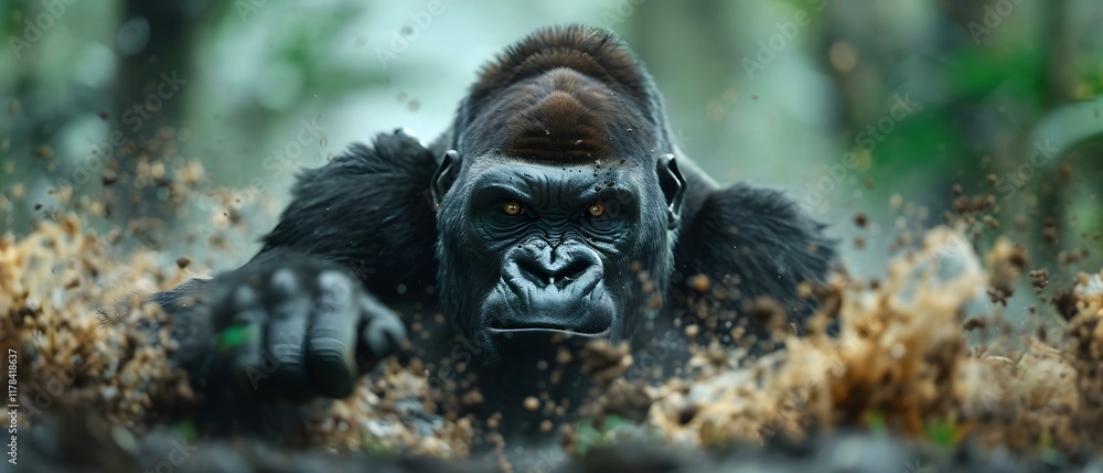 Poster intense close-up of a powerful gorilla crawling through muddy jungle terrain with intriguing express
