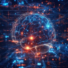 Obraz premium Transparent human brain with orange glowing spots over a blue circuit background.