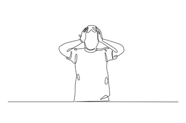 Man hold his head continuous one line drawing. Single line art illustration of man in depression, stressed, headache and despair. Editable vector.
