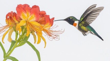 Obraz premium Hummingbird feeding orange flower, studio, white background, nature poster