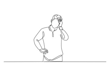 Man hold his head continuous one line drawing. Single line art illustration of man in depression, stressed, headache and despair. Editable vector.