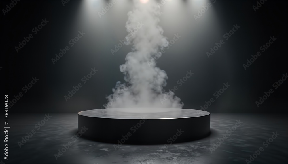 Poster empty black pedestal with spotlights and smoke. dark studio background. minimalist design. modern pr