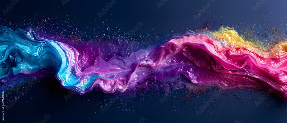 Poster vibrant waves of colorful liquid flowing smoothly against a dark background with splashes and sparkl