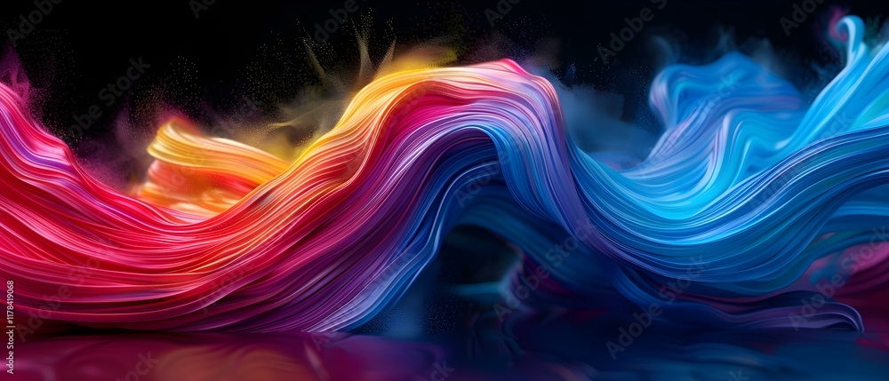 Poster colorful waves of light in motion with soft blending effects on a dark background