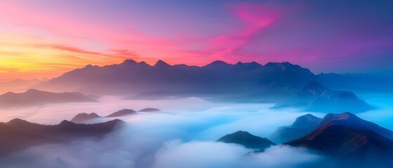 Serene Mountain Landscape at Sunrise with Misty Clouds and Vibrant Sky Colors