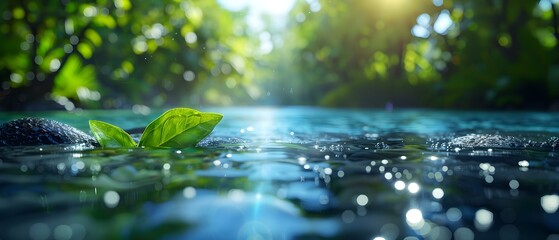 Fototapeta premium Tranquil Water Surface with Green Leaves and Sparkling Reflections in a Lush Natural Environment