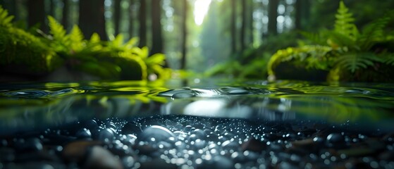Fototapeta premium Serene Forest Stream with Reflections and Lush Greenery Illuminated by Soft Sunlight Through Tree Canopy