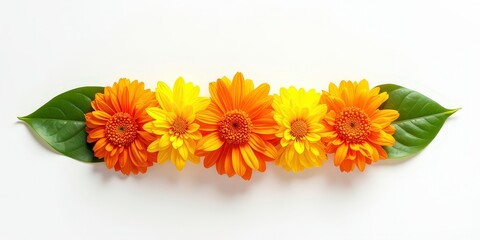 Floral Symphony: A harmonious arrangement of orange and yellow daisies and vibrant green leaves create a captivating visual composition. Diwali, makar sankranti, holi, new year © SabsePahale
