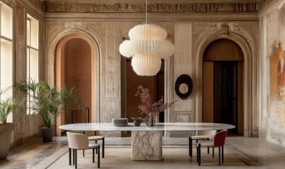 Elegant dining room, marble table, chandelier, historic building, interior design