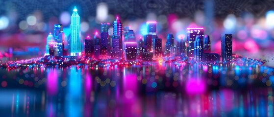 Obraz premium Vibrant City Skyline at Night with Colorful Lights Reflecting on Water Surface in Urban Setting
