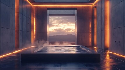 A hot tub set in a geometric patio of sleek black stone, framed by tall, symmetrical concrete walls with subtle lighting embedded in the architecture, steam rising softly into the twilight,