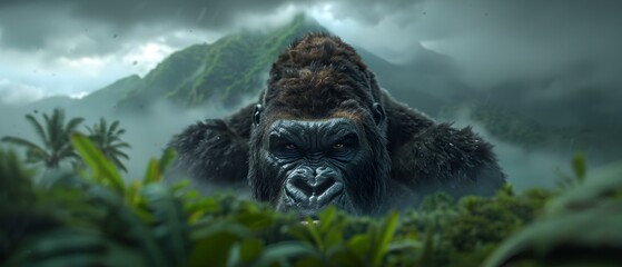 Massive Gorilla Observing Jungle Landscape with Lush Greenery and Misty Mountains in Background