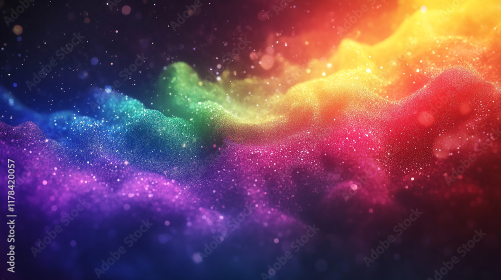 Poster vibrant abstract art with waves of color and sparkling dust creating a mesmerizing effect