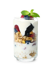 Glass of tasty granola with yogurt on white background, closeup