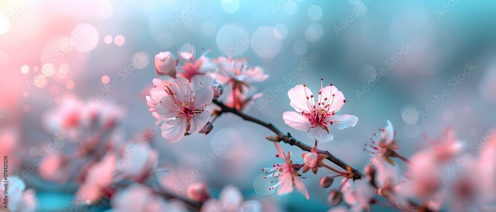 Poster delicate cherry blossom branch with soft bokeh background in pastel colors for spring and nature the