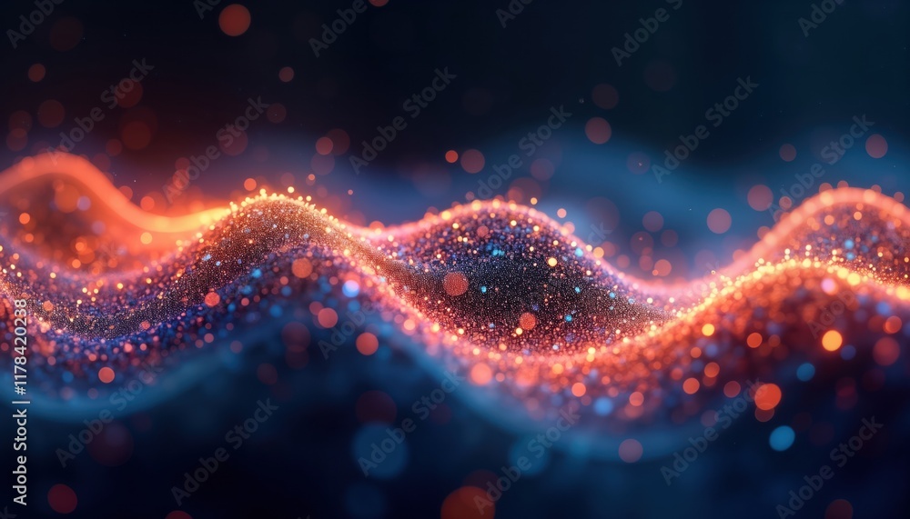 Poster Abstract illustration shows dynamic wave of bright particles. Glowing effect. Colorful energy flow. Modern design. Vibrant colors. Futuristic pattern. Abstract background. Particle wave. Energy,
