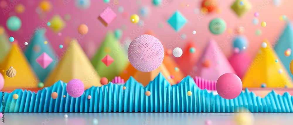 Poster colorful geometric shapes floating in a vibrant abstract landscape with soft pastel tones and dynami