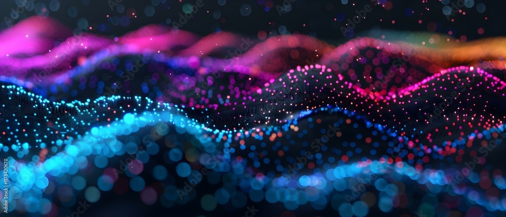 Poster Abstract colorful wave pattern with glowing particles creating a mesmerizing digital landscape of vibrant hues.
