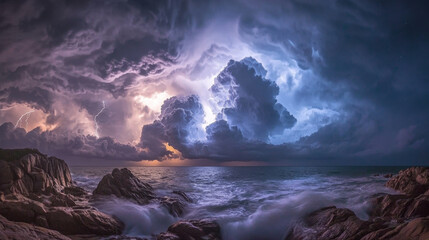 Obraz premium Stormy night at sea with giant waves, dramatic clouds, and lightning illuminating sky. powerful ocean waves crash against rocky shore, creating breathtaking scene