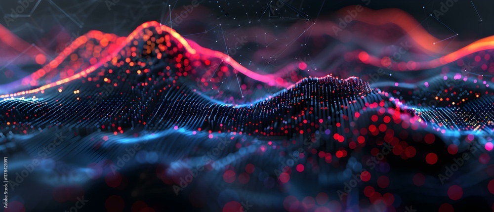 Poster abstract digital landscape with colorful waves and points of light illuminating a futuristic terrain