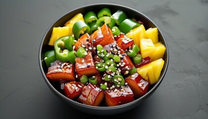 Deliciously Colorful Sweet and Sour Pork with Pineapple and Bell Peppers in a Black Bowl