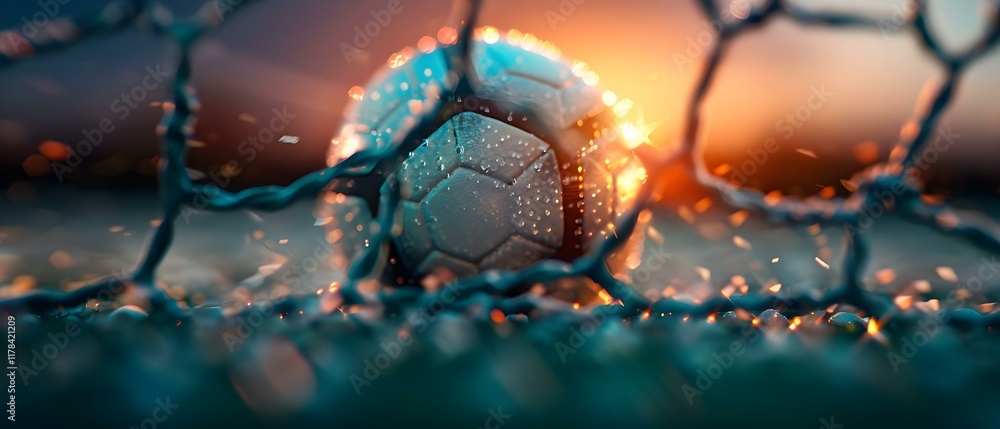 Poster close-up view of a wet soccer ball entangled in a net with vibrant sunset background and sparkling w