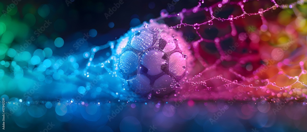 Poster colorful and artistic representation of a soccer ball in a net with shimmering lights and bokeh effe