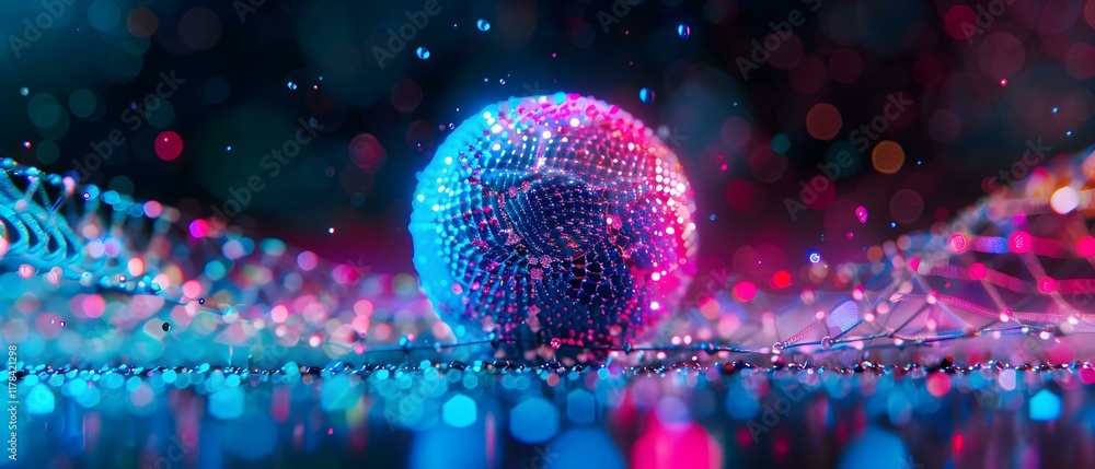 Poster sparkling disco ball surrounded by colorful bokeh lights and shimmering reflection in a vibrant nigh