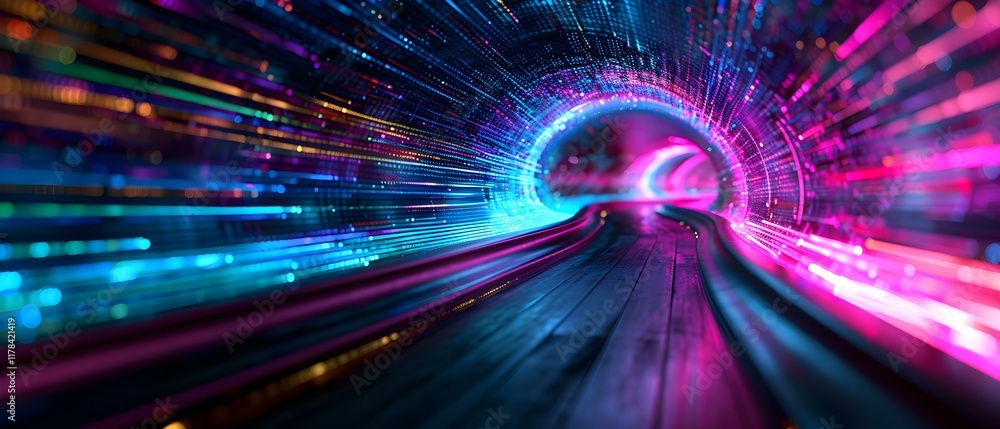 Poster vibrant light trails in a futuristic tunnel with colorful abstract patterns and motion blur effects