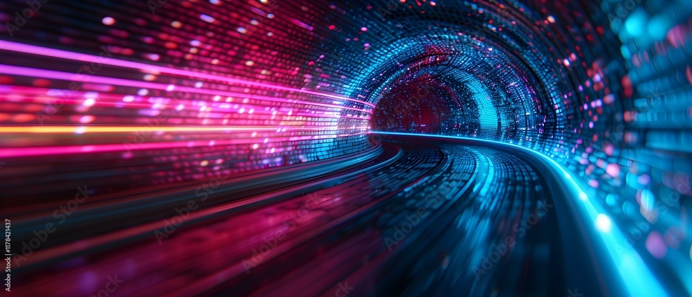 Poster vibrant abstract data tunnel with colorful lights and motion blur for futuristic visuals