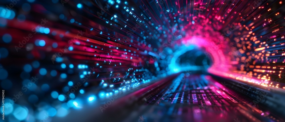 Poster vibrant and dynamic abstract tunnel with blue and pink light trails creating a futuristic illusion o