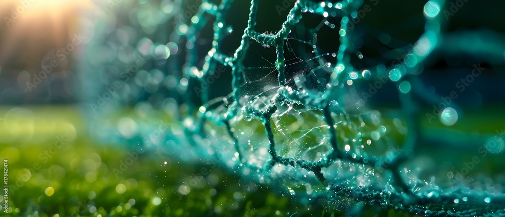 Poster close-up view of a soccer goal net with glowing sunlight and wet grass in the background