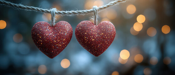 Two red heart shaped decorations hanging on rope, sparkling with glitter, create romantic atmosphere against blurred background of warm lights. Perfect for love themed occasions