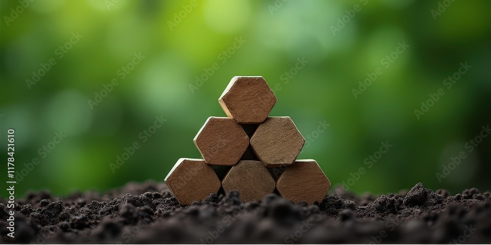 Poster wooden hexagon building blocks stacked in a triangle shape in the ground with blurred green backgrou