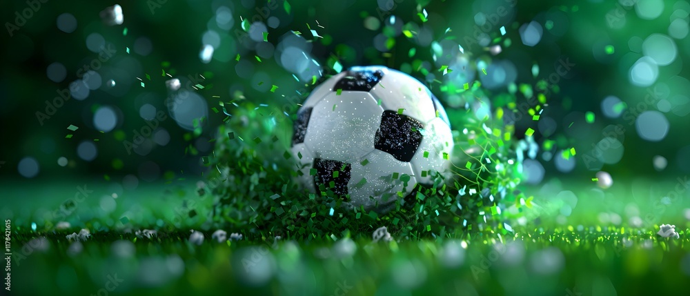 Poster dynamic close-up of soccer ball impacting grass with flying particles and bokeh background