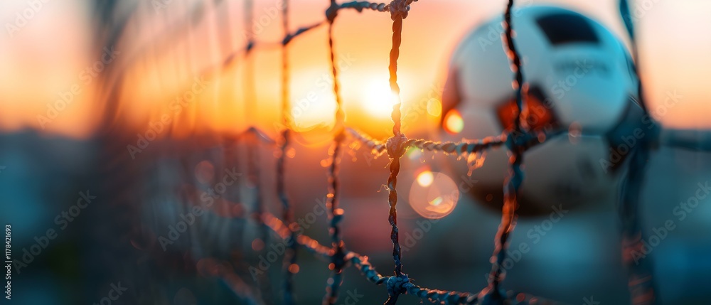 Poster soccer ball caught in net at sunset with glowing light in background creating atmosphere of sport an