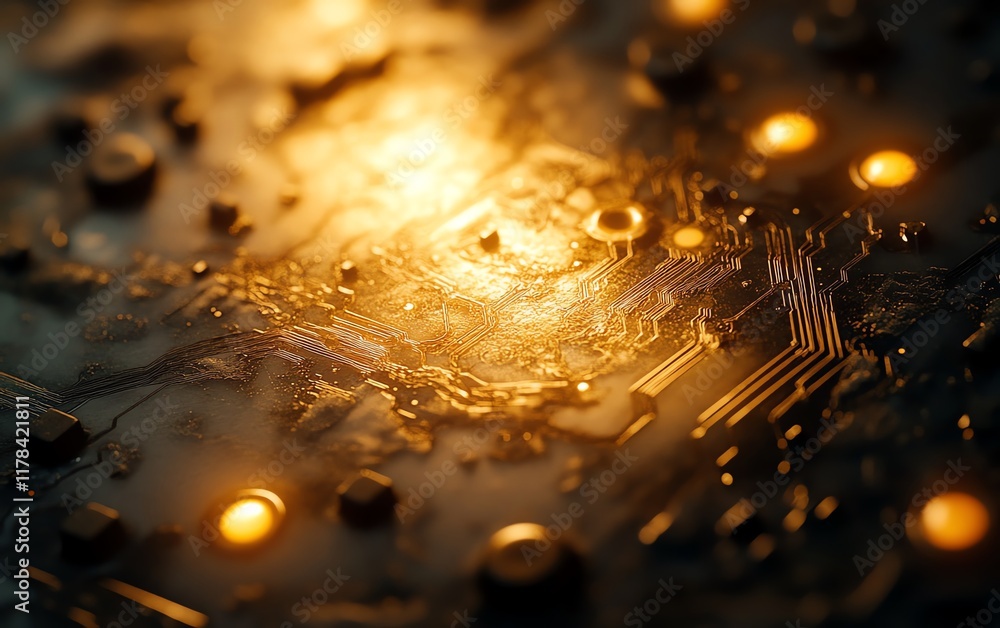 Poster closeup of a microchip with intricate circuitry