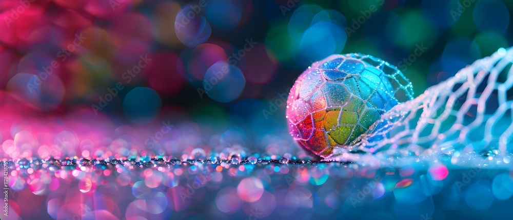 Poster colorful abstract background with a water droplet-covered small ball in a netting