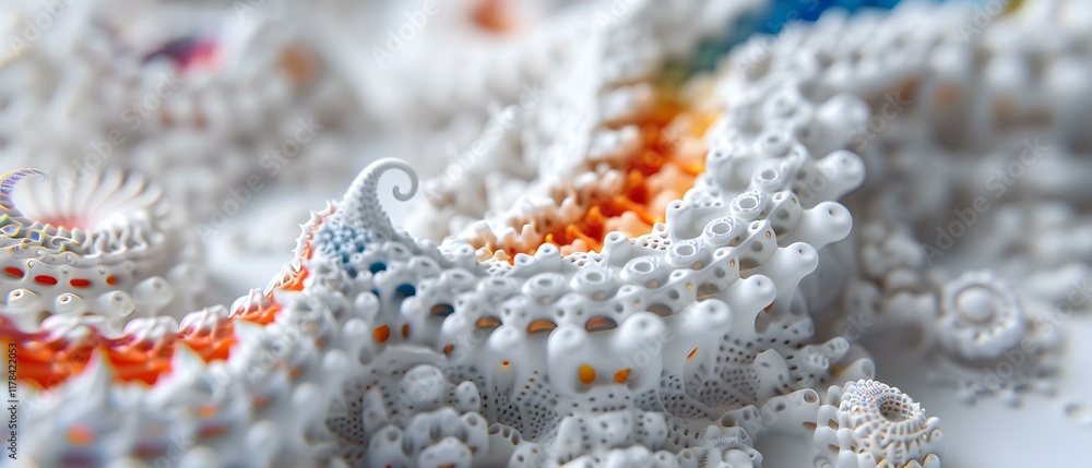 Poster intricate abstract patterns in white and colorful design highlighting curves and spirals in macro ph