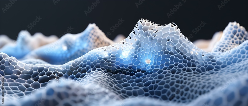 Poster abstract representation of a futuristic landscape with hexagonal patterns and a blend of blue and wh
